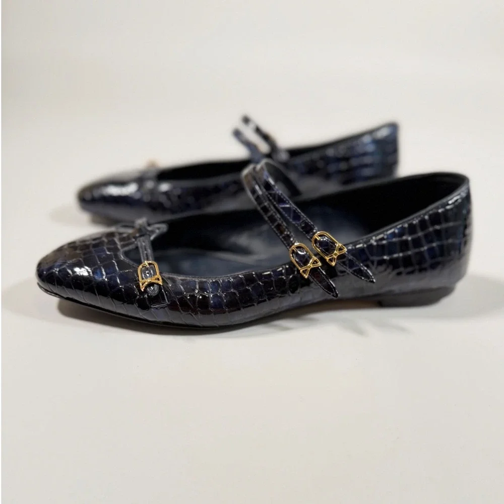 Sarah Flint Navy Croc Embossed Leather Mary Jane Flat 39.5 US 9 Old Money Luxury